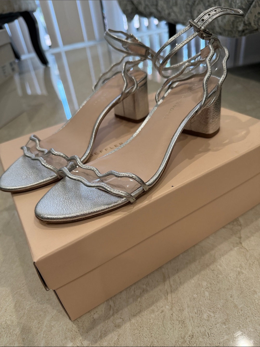 Loeffler Randall Silver Metallic Block Heel Ankle-Strap Sandals